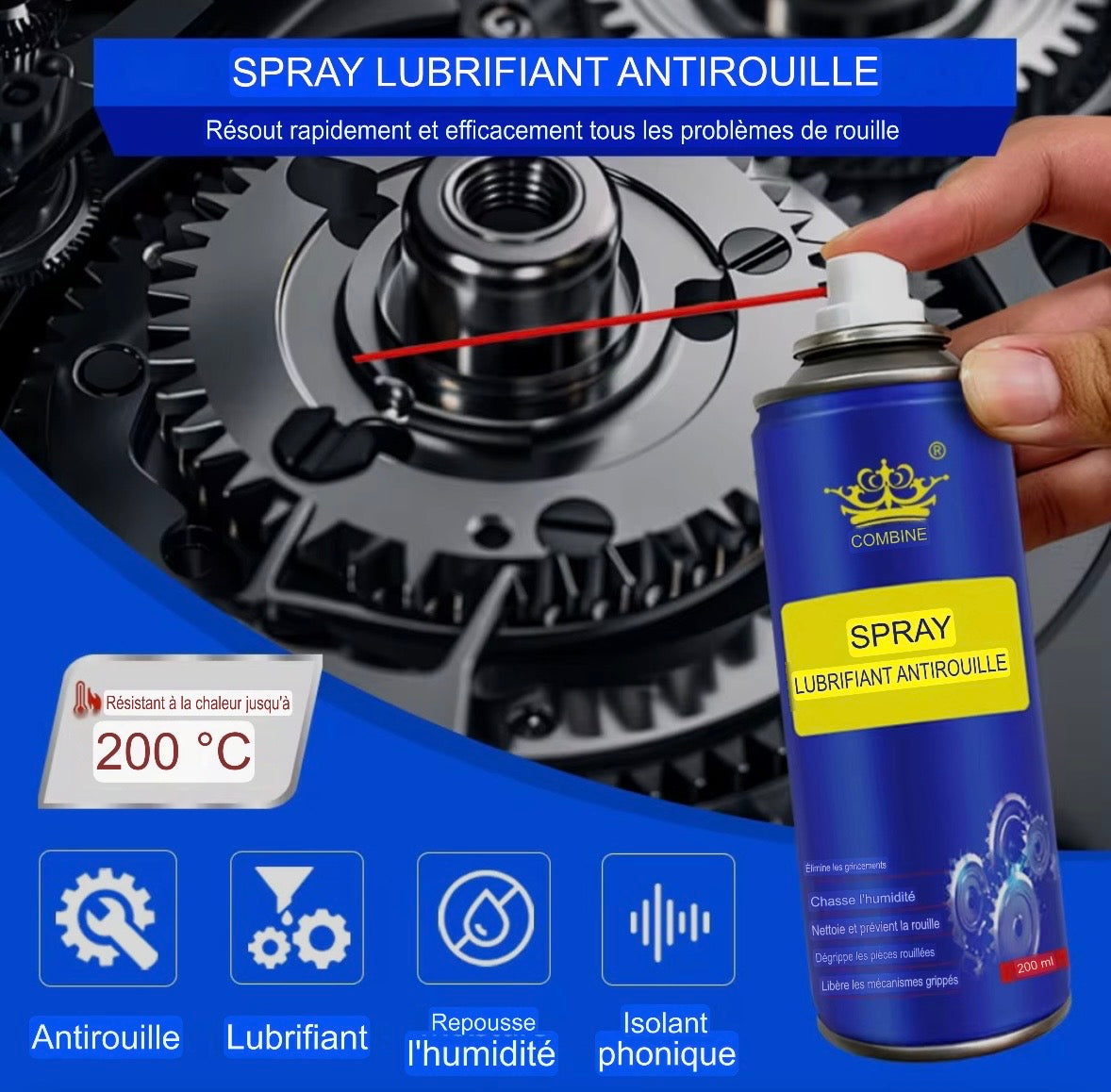 Spray lubrifiant anti rouille à l’huile de pénétration 200 ml